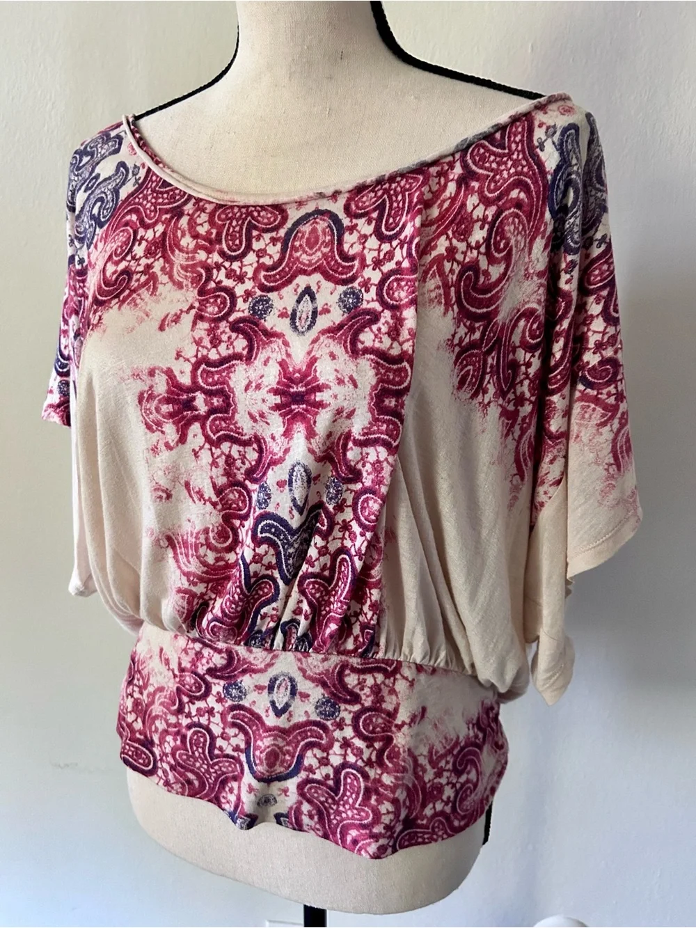 Free People Boho Cream Tunic Magenta Paisley Print M Fairycore Country Top